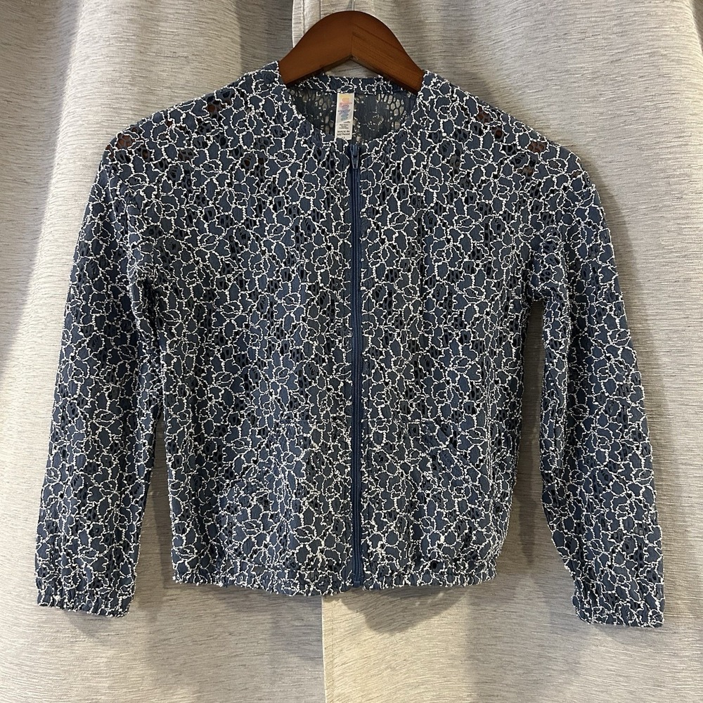 LuLaRoe Size 12 Monroe Kids Zip Up‎ Floral Lace Sheer Jacket Blue & White